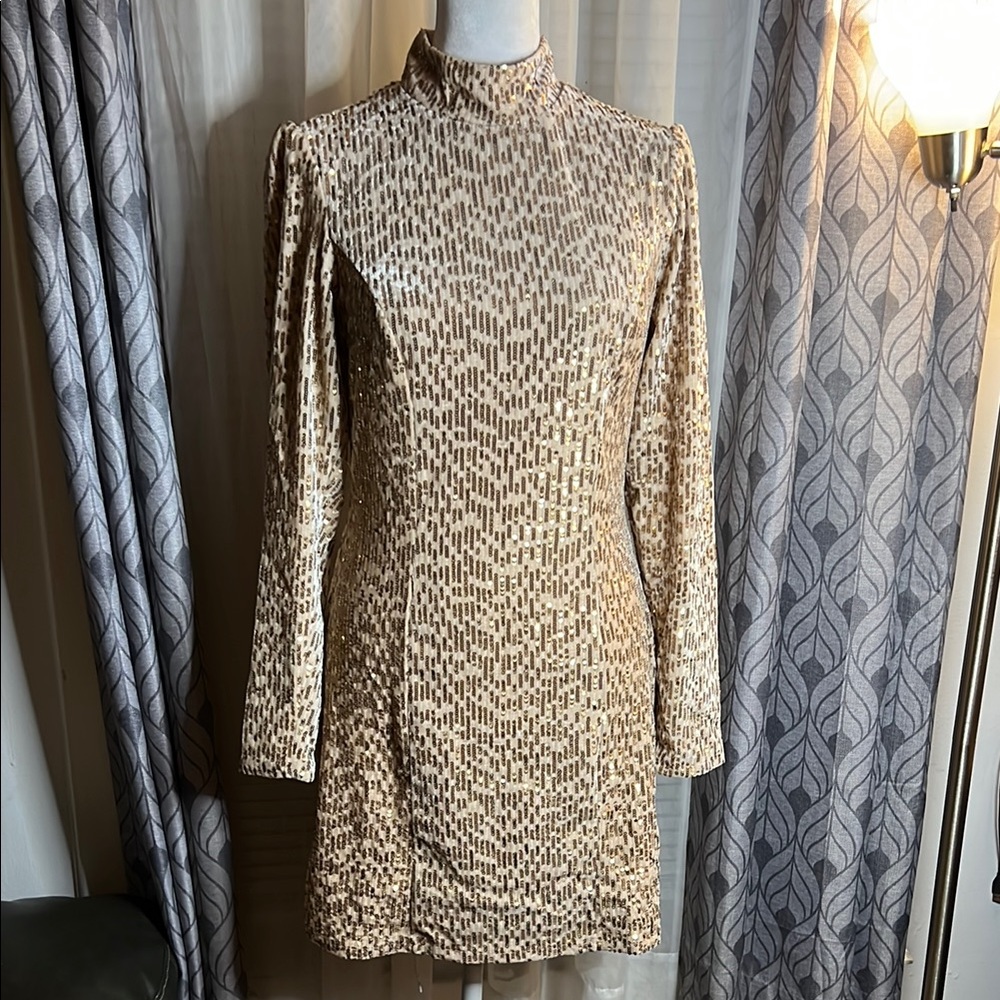 Blue Rain Beige Long Sleeve Sequin Dress
